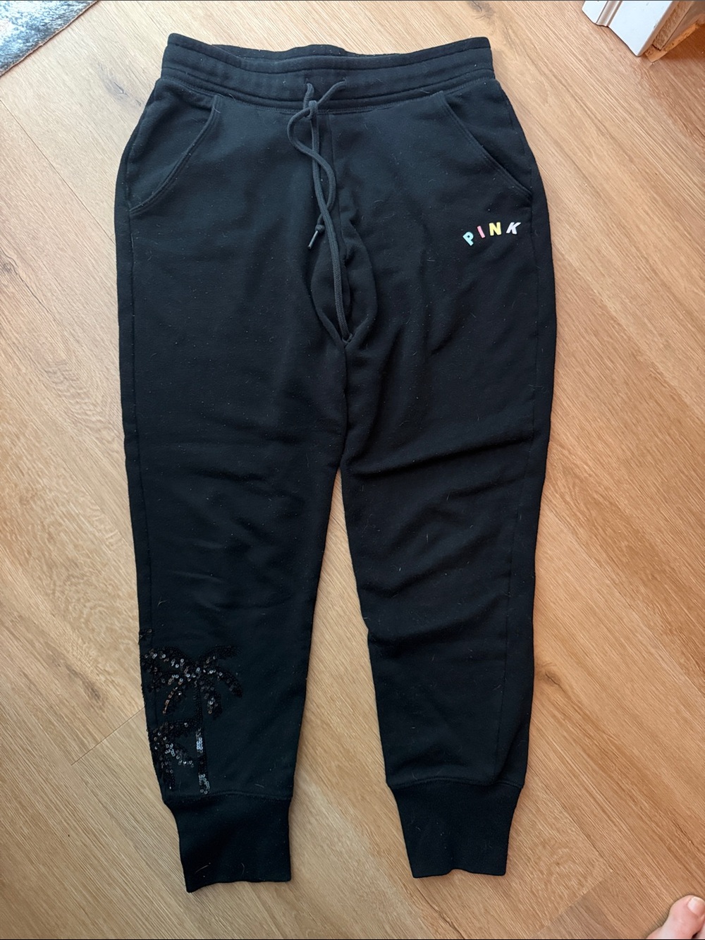 PINK Victoria's Secret Black Jogger Sweatpants with sequin palm tree